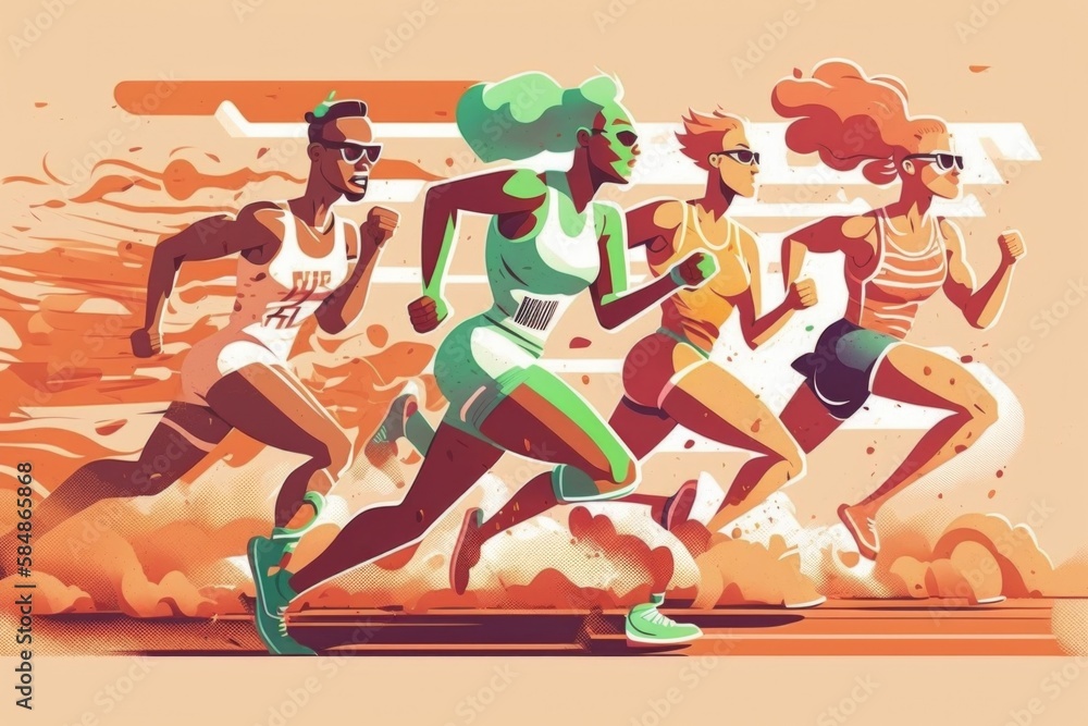 Poster a group of people running on a road with a sky background sports bar animation motion graphics gener