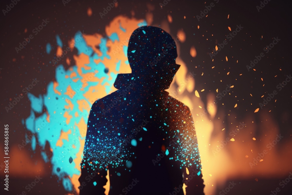 Poster a person standing in front of a fire with a blue and orange background volcano animation motion grap