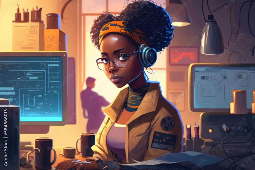 Poster a woman in a yellow jacket is sitting at a computer desk savanna digital art computer programming ge