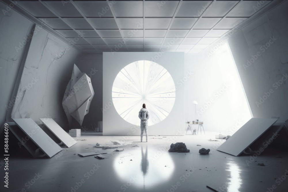 Poster a person standing in a room with a circular window in the background lunar landscape constructivism 