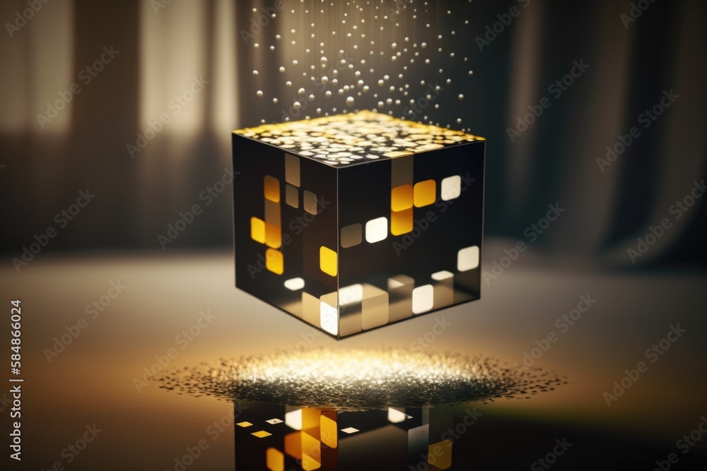 Poster a cube with a lot of small dots on it sitting on a table casino cubism blockchain technology generat