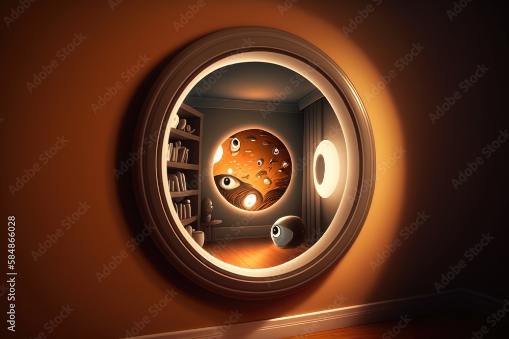 Aufkleber a round mirror with a picture of a room inside of it lunar landscape surrealism 3d modeling generati
