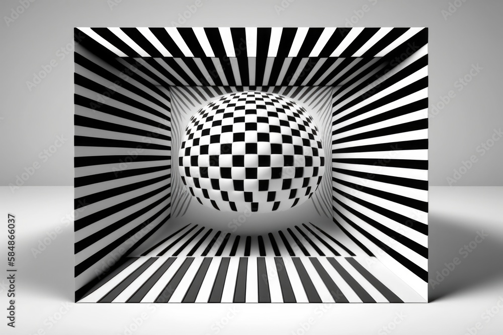 Poster a black and white square with a distorted design in the center deep sea trench op art motion graphic