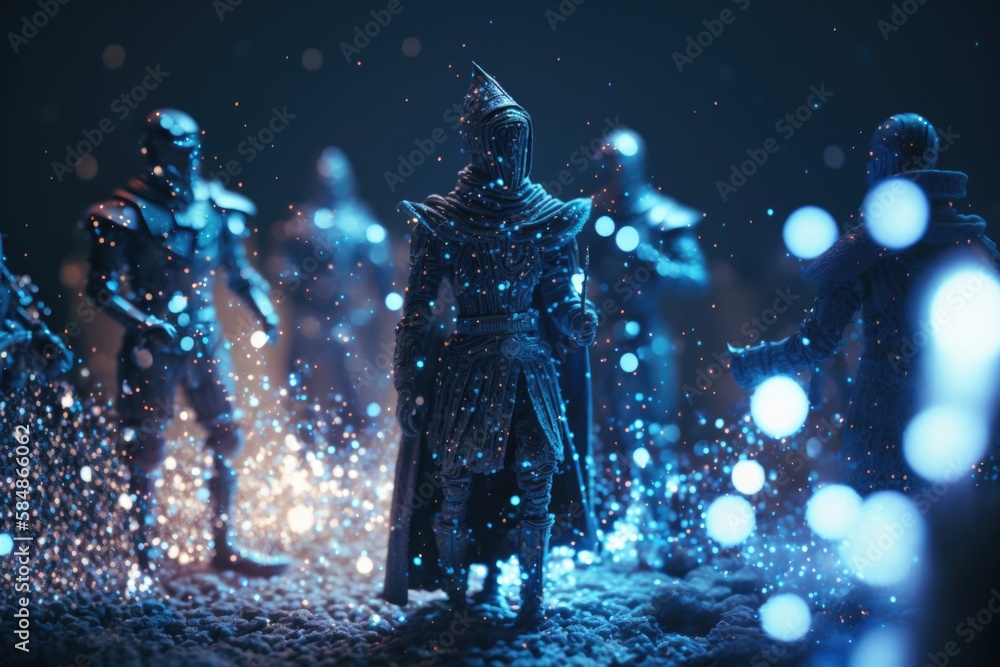 Poster a group of people standing in front of a blue light with bubbles old stone fortress animation arbitr