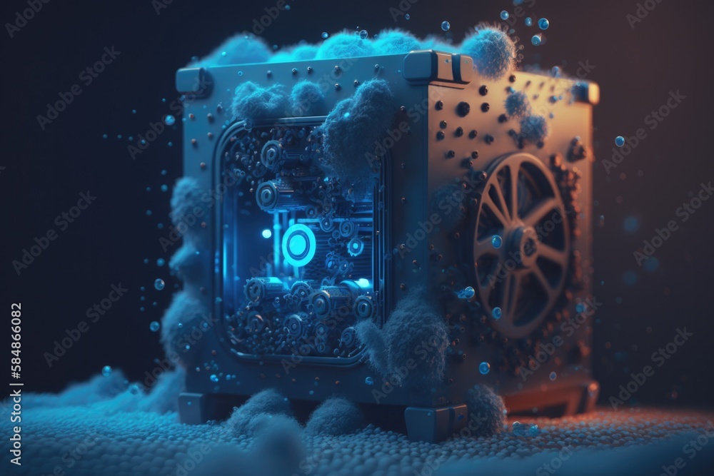 Poster a machine with a glowing light inside of it on a table glacier video art motion graphics