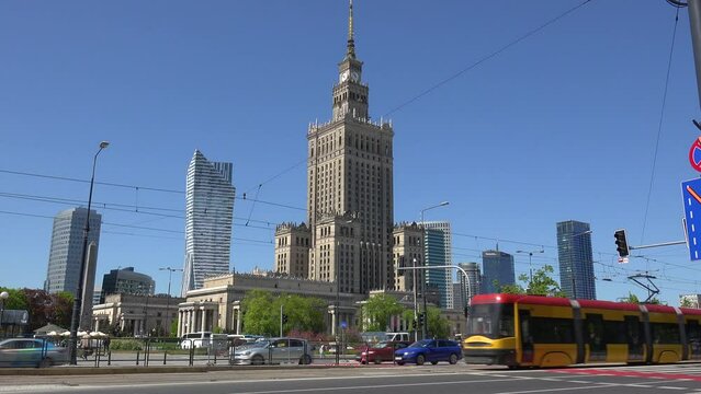 2022 - establishing shot Warsaw, Poland with Palace of Culture and Science.