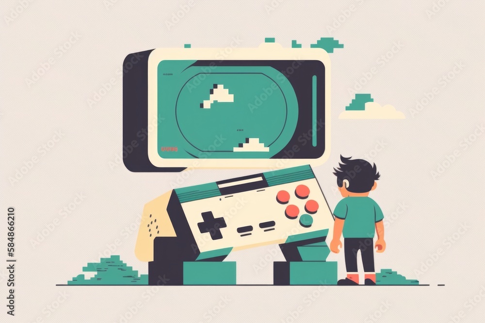 Poster a boy standing next to a nintendo game controller in front of a tv arcade video art game design gene