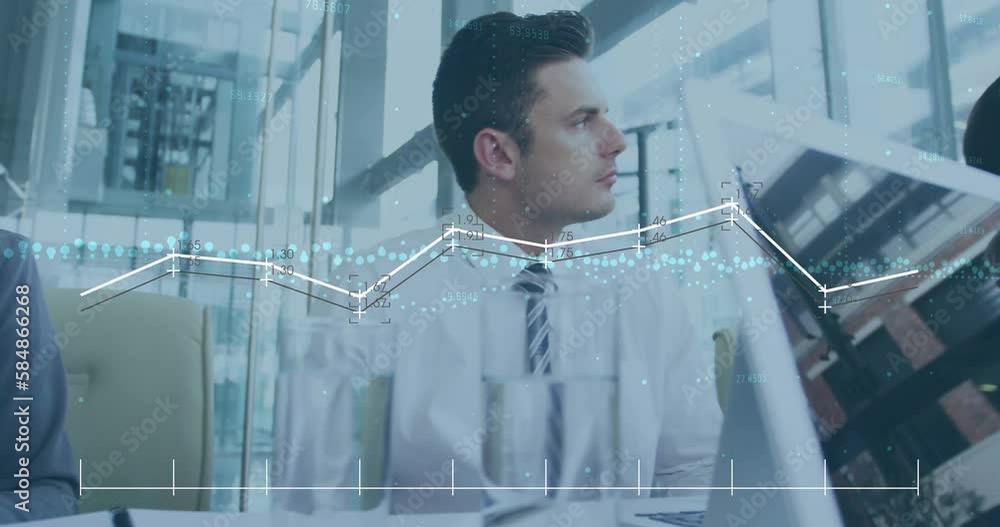 Poster animation of multiple graphs over diverse manager explaining strategy to coworkers in office