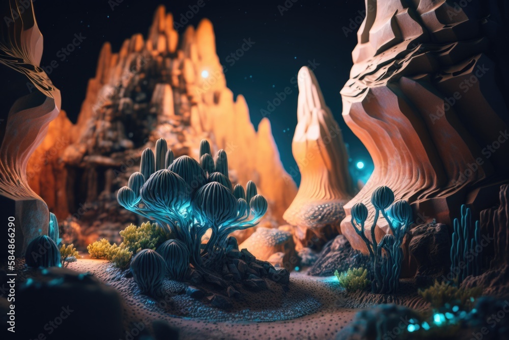 Poster a futuristic landscape with a cactus and rocks in the background at night moonlit desert video art m