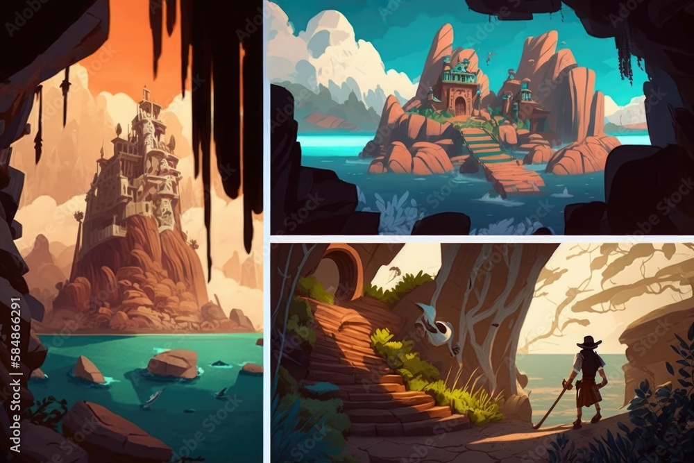 Poster a series of three illustrations of a castle in a cave with a man standing in front of it kelp forest