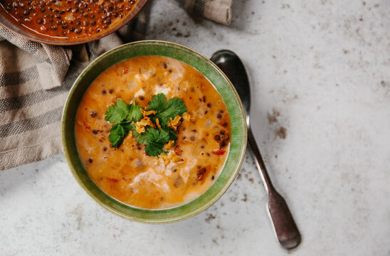 Lentil, tomato and coconut soup. 