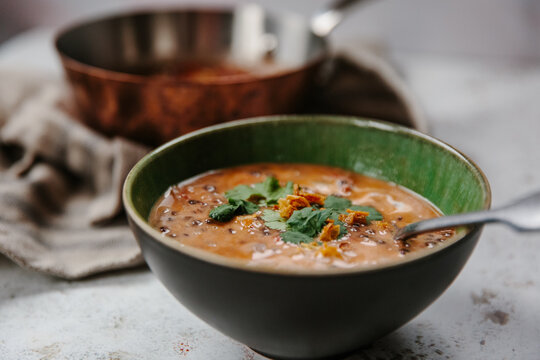 Lentil, tomato and coconut soup. 