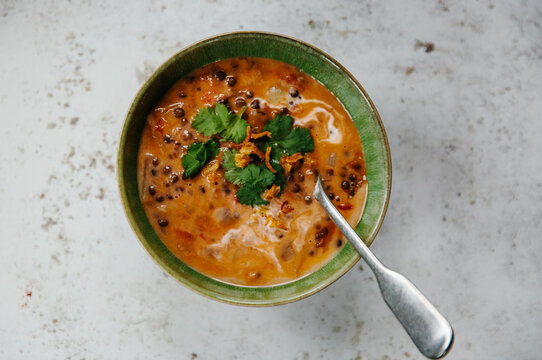 Lentil, tomato and coconut soup. 