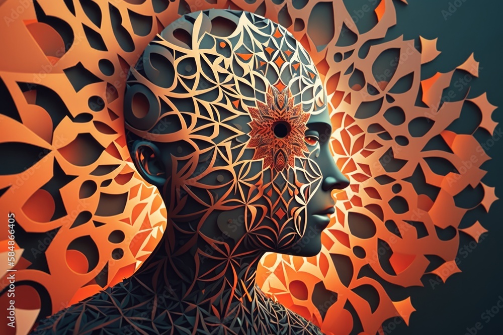 Poster a person with a strange head and intricate patterns on it's face oasis digital art artificial intell