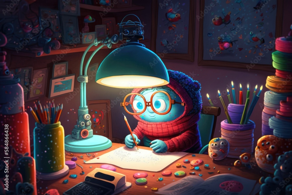 Poster a cartoon character is writing in a messy room with a lamp library animation animation filmmaking ge
