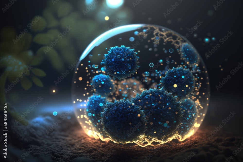 Poster a glass ball with some blue balls inside of it on a table lunar landscape animation motion graphics 