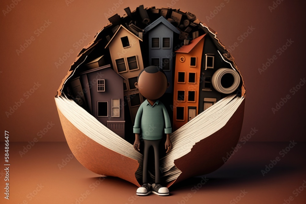 Poster a man standing in front of a book with a city on it library found object art literacy education gene
