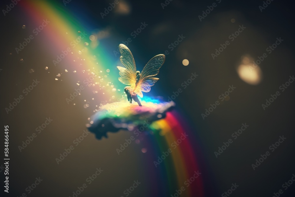 Poster a rainbow with a fairy on it and a rainbow in the background waterfall color photography color photo