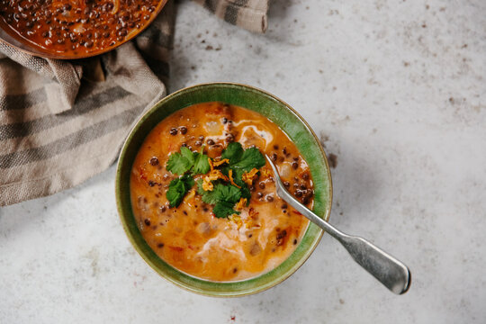 Lentil, tomato and coconut soup. 