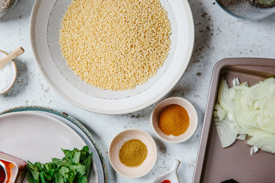 Ingredients for a dish of pearl couscous.