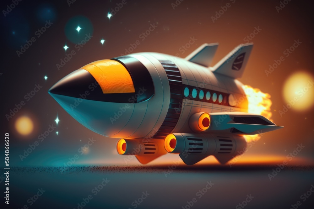 Poster a toy rocket ship with a flame coming out of it's side deep sea trench animation motion graphics gen