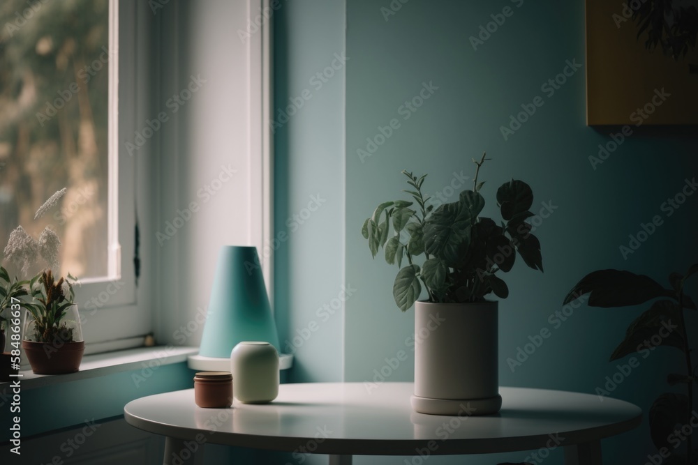 Poster a table with a plant and a vase on it in front of a window rustic farm interior color photography in