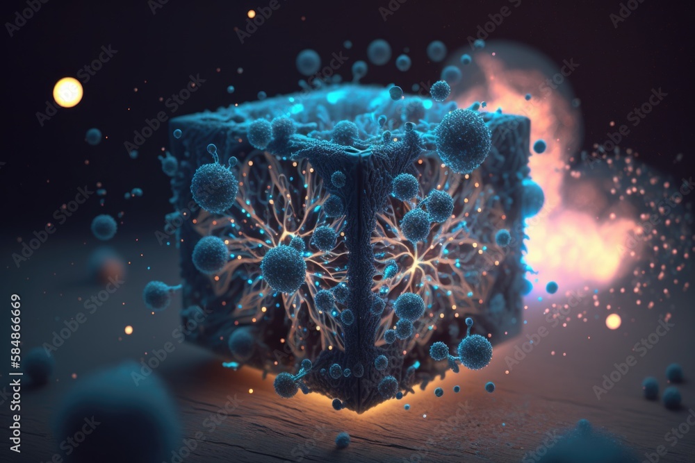 Poster a blue box with a bunch of balls around it on a table deep sea trench animation motion graphics gene
