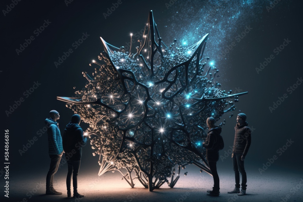 Poster a group of people standing around a large tree with stars on it workshop kinetic art natural languag