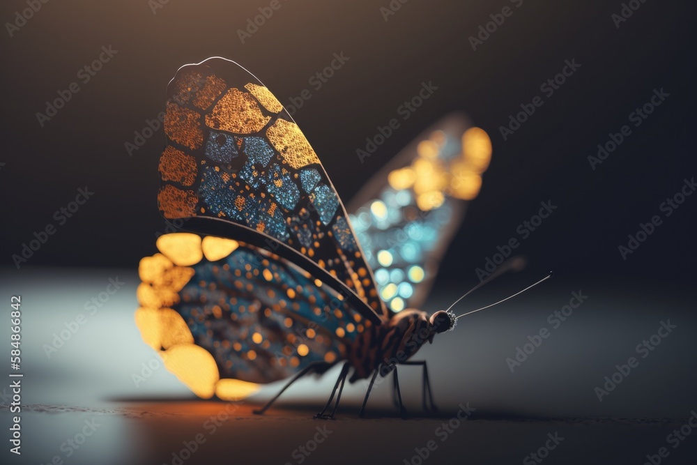 Poster a butterfly with a lot of lights on its wings is sitting on a table zoo macro photography macro phot