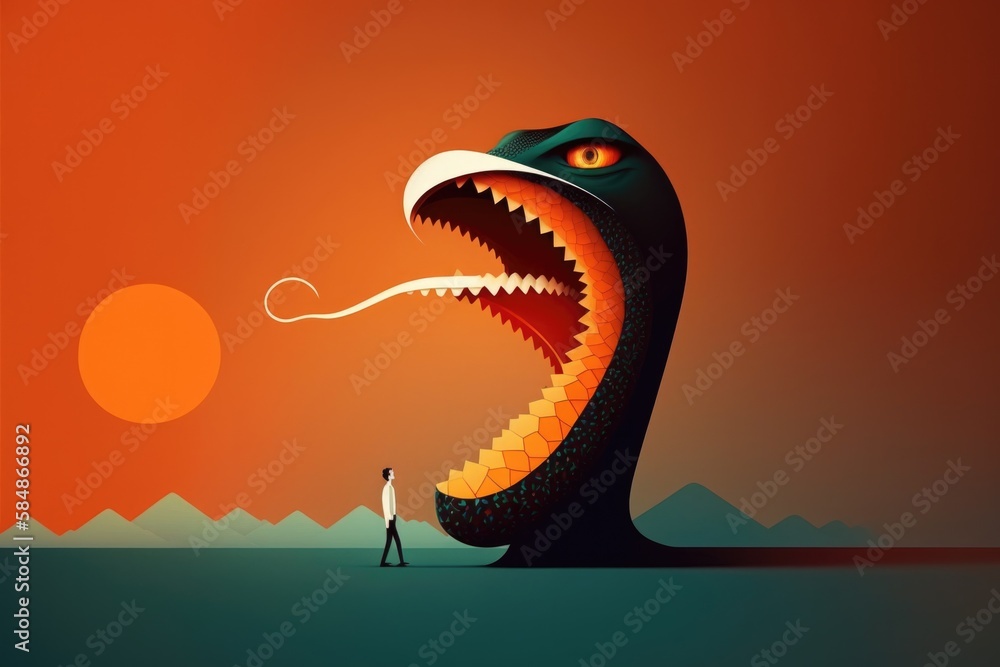 Poster a man standing in front of a giant snake with its mouth open hospital graphic design change manageme