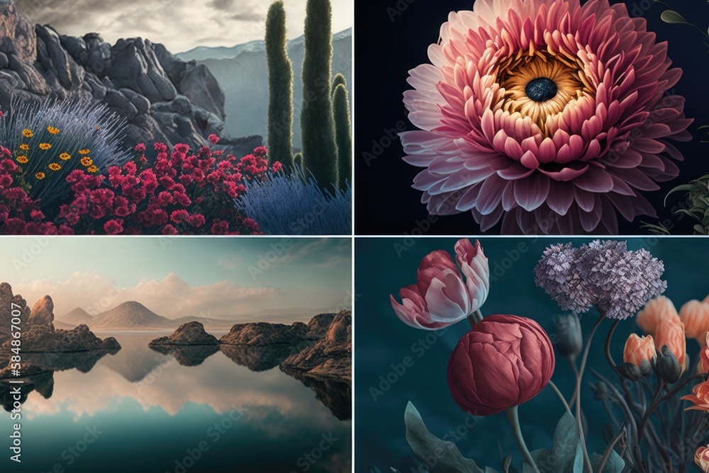 Poster four different paintings of flowers and mountains in four different frames each with a different col