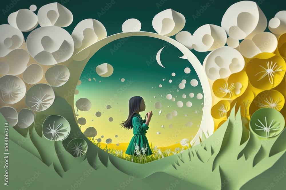 Poster a girl is standing in a field with flowers and bubbles in the background rolling green hills paper c