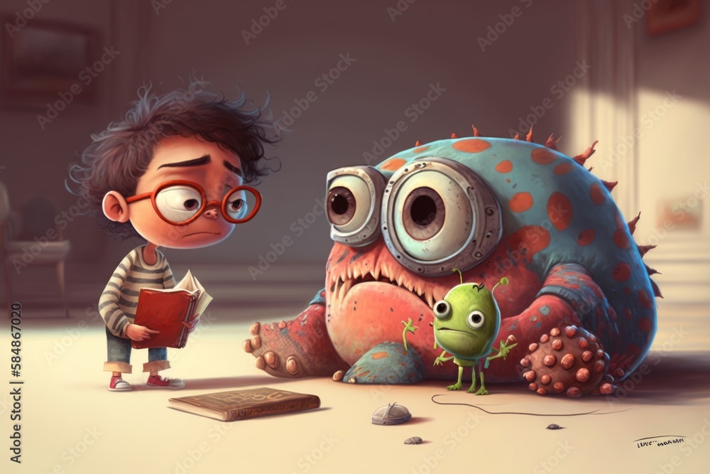 Poster a cartoon character is looking at a computer screen while a creature looks at him workshop animation