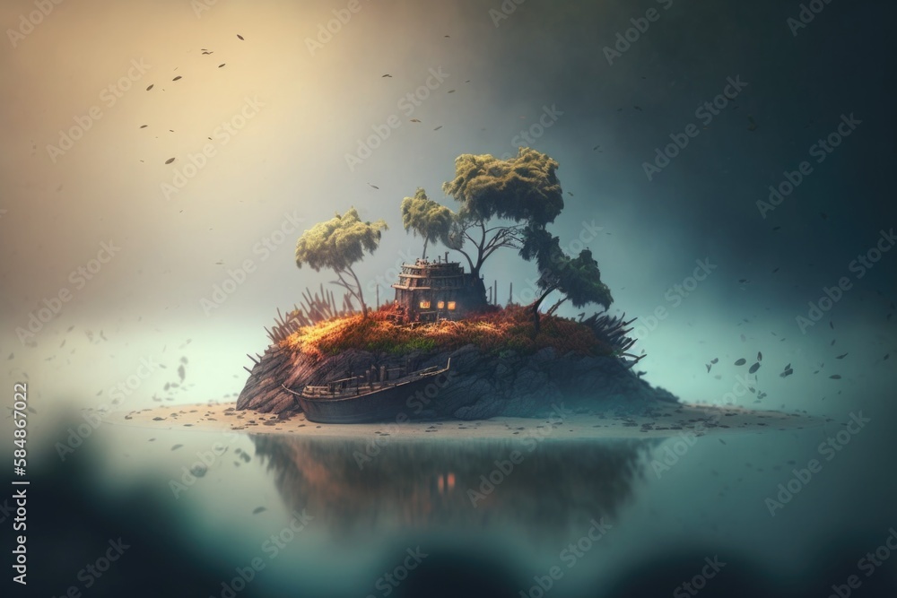 Poster a small island with trees on top of it in the middle of the ocean oasis environmental art environmen
