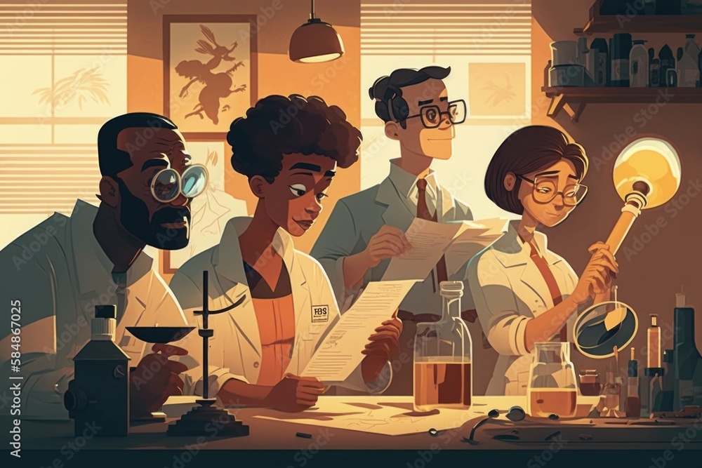 Poster a group of people in a lab looking at a paper and a microscope brewery animation science writing gen