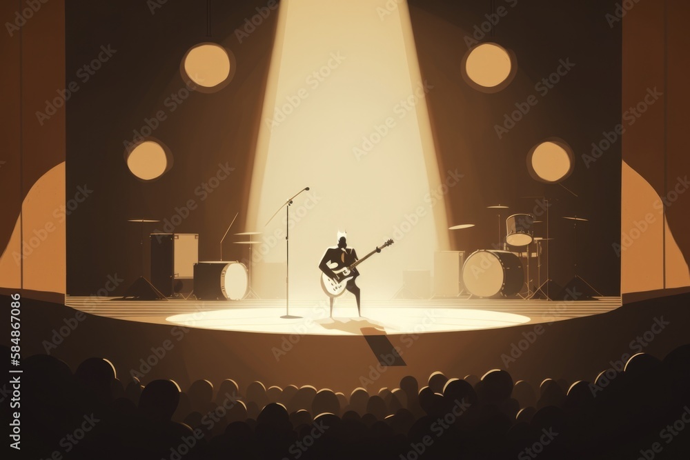 Poster a man playing a guitar on stage with a microphone and a spotlight recording studio animation music p