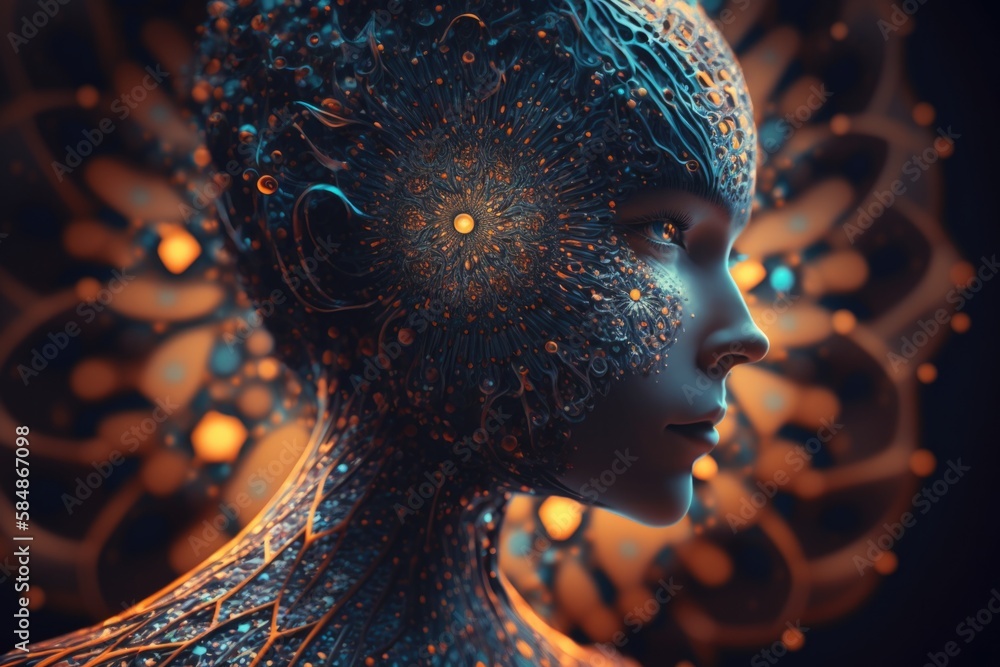 Poster a woman's face with a glowing pattern on it and a glowing background marina digital art artificial i
