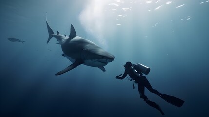 big shark hunting a diver under water diving - diver in front of the shrk mouth Generative AI