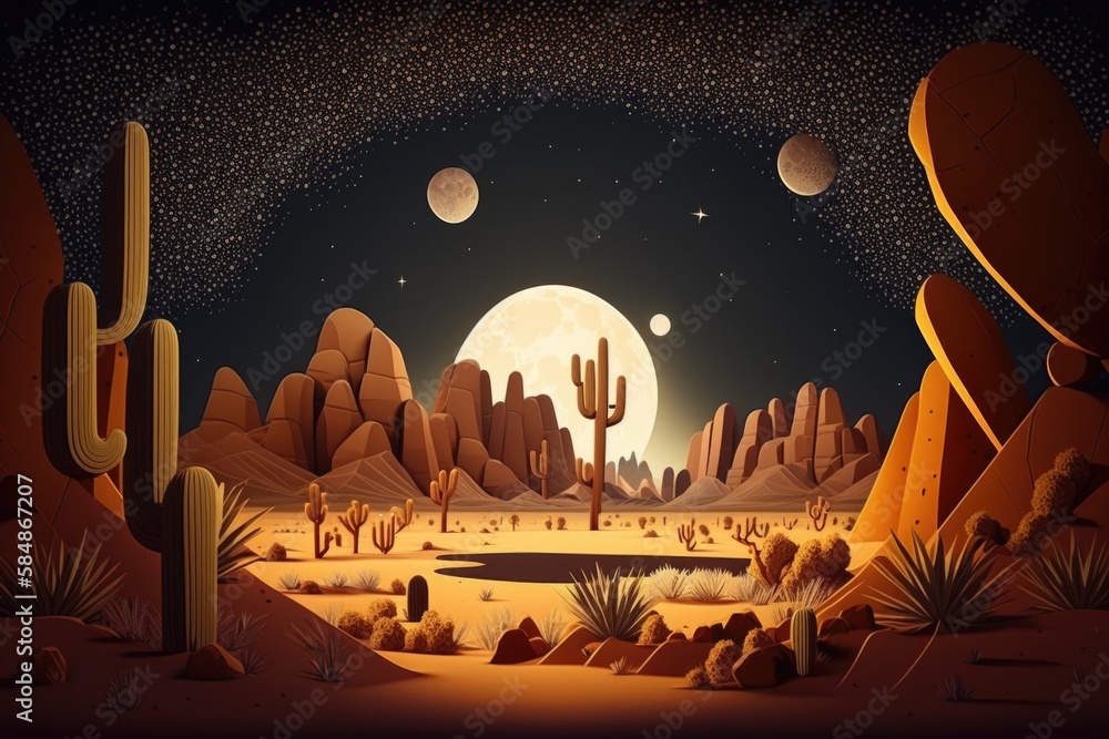 Poster a desert scene with a full moon and cactus trees and rocks moonlit desert animation motion graphics 