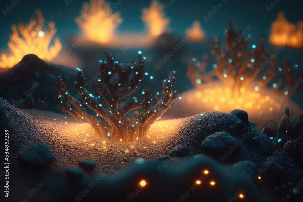 Poster a night scene with a glowing tree and snow covered ground with lights coral reef animation motion gr