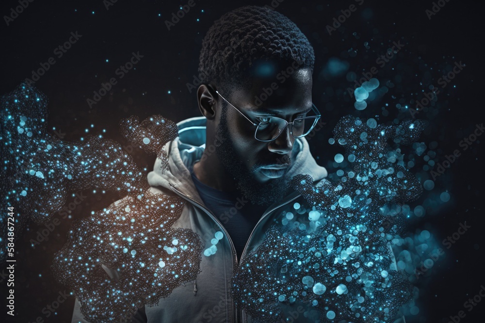 Poster a man in glasses and a jacket is looking at something on a dark background factory graphic design mo