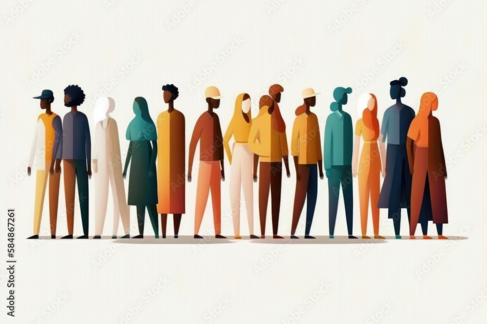 Poster a group of people standing in a line with their backs to the camera oasis animation diversity and in