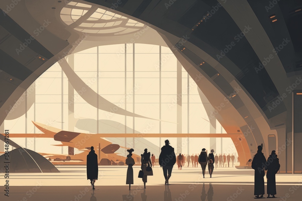 Poster a group of people walking through a large airport terminal with a plane in the background airport ar