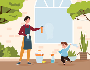 Family washing window. Mother with son apply cleaning products on glass, house exterior. Woman with little helper doing household chores, cleaning building. Cartoon flat vector illustration