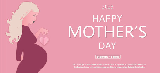 Happy Mother's Day. Beautiful pregnant girl with a beautiful hairdo. Happy mother's day poster or banner.