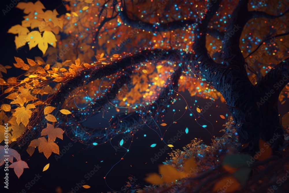 Poster a tree with glowing leaves in the night sky with a bright light autumn forest animation motion graph