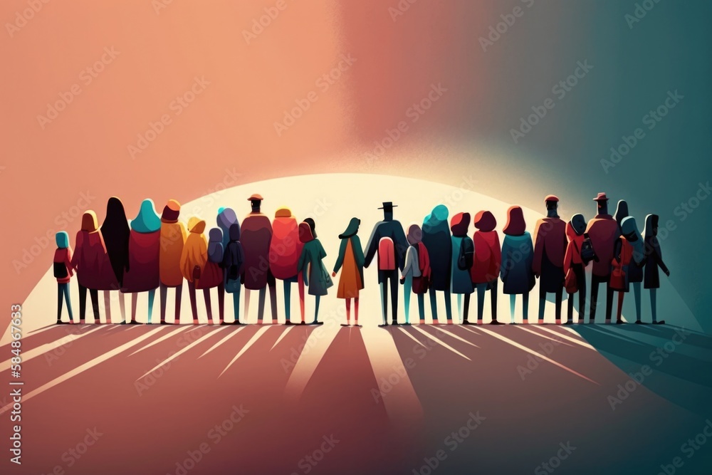 Poster a group of people standing in a line with a sun in the background oasis animation immigration genera