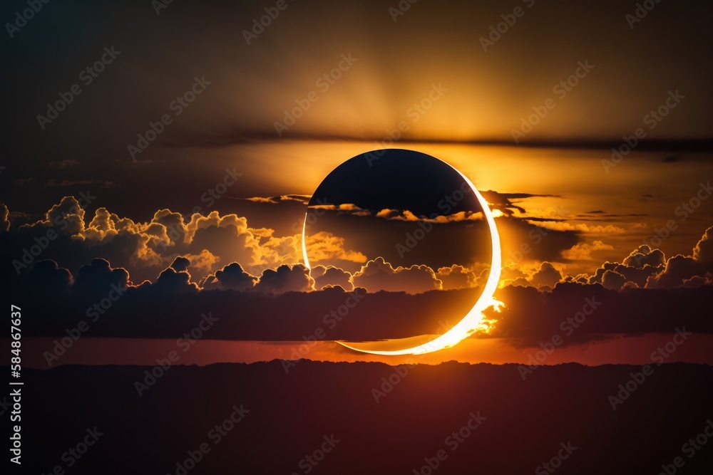 Poster a crescent eclipse in the sky with clouds around it and a sun in the background solar farm time-laps