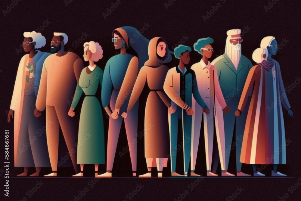 Poster a group of people standing in a line with their heads turned to the side zoo animation diversity and