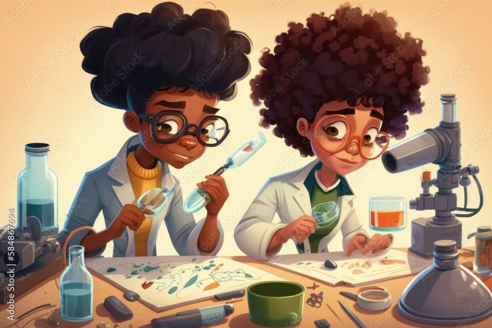 Poster two people in lab coats looking at a picture with a microscope science museum animation science educ